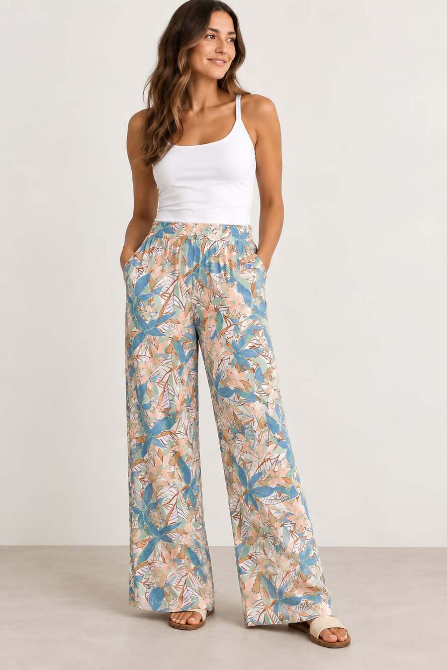 Roxy Floral Wide Leg Pants Size S Multi Colorful Palm Print Trousers